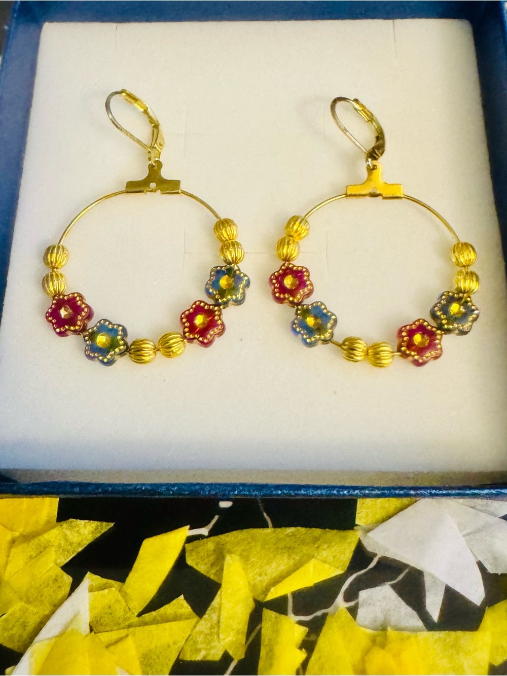 Gold Hoop Earrings with Red and Blue Enamel Flower Accents